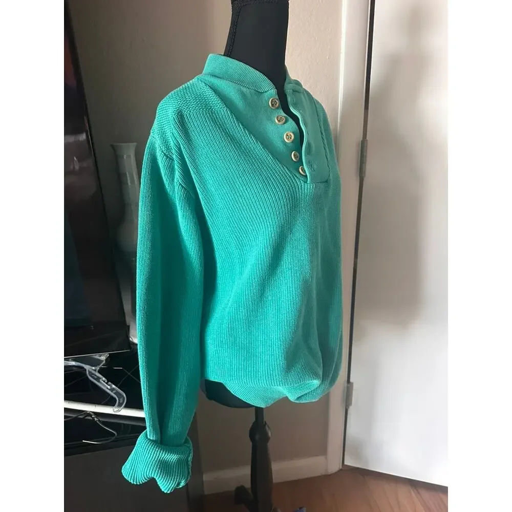 Vintage 80s Lands End Made in USA Cotton Henley Sweater Emerald Green XL Long
